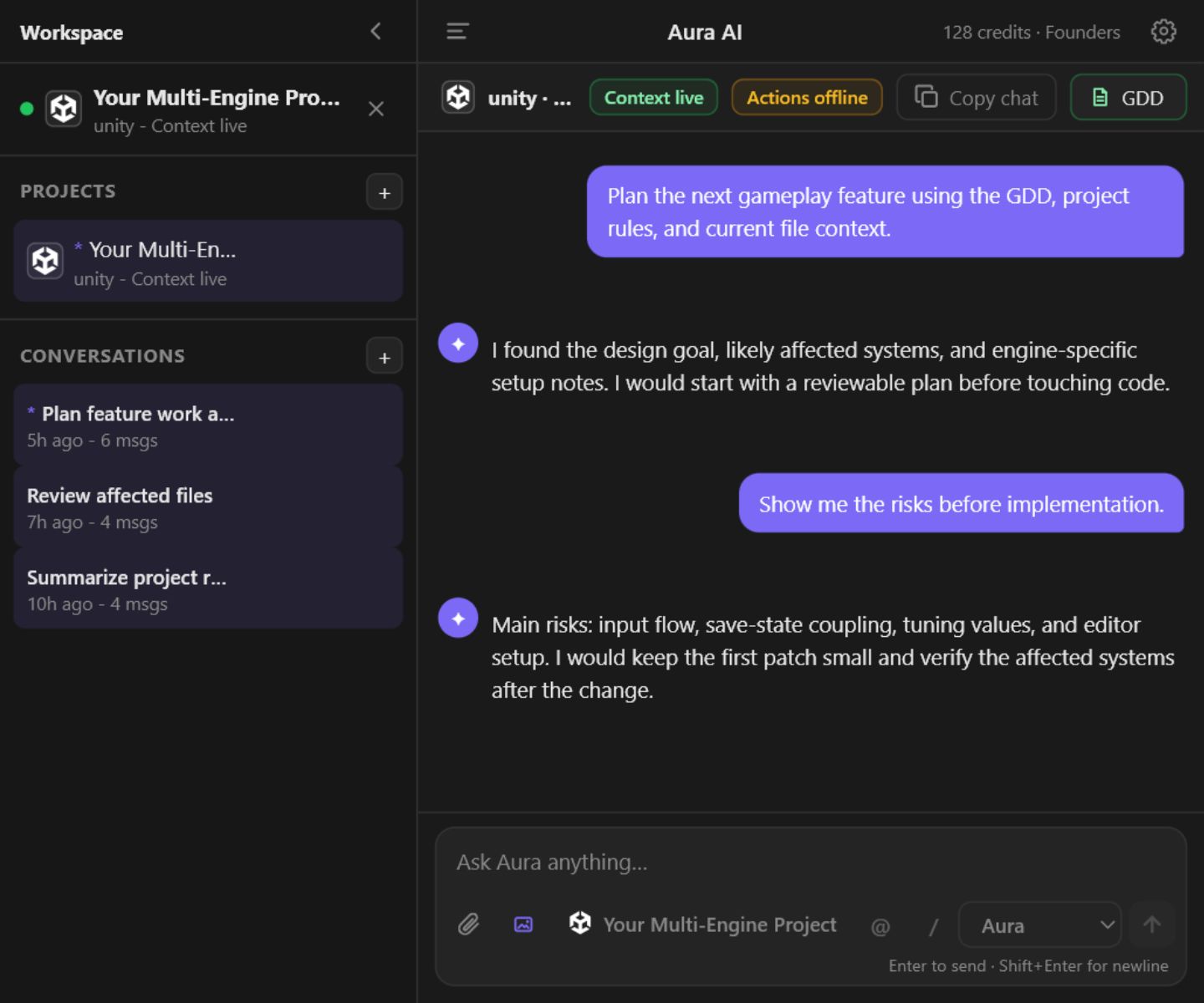 Avori panel showing project context, GDD access, chat history, and a Unity workflow