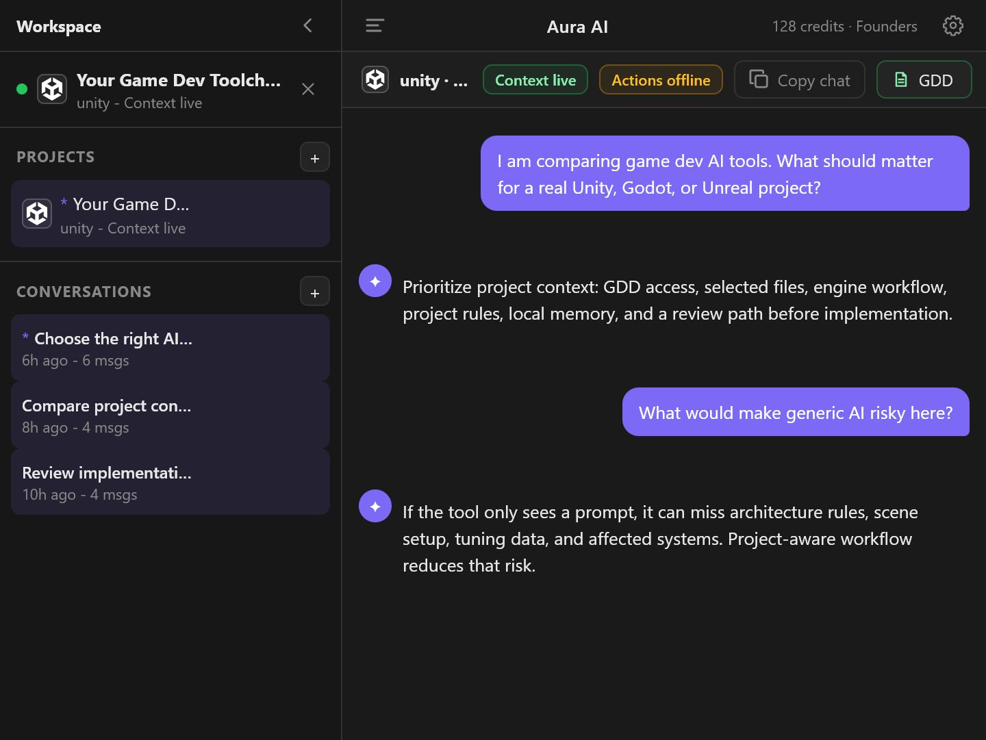 Avori panel showing game development context, GDD access, and project-aware implementation chat