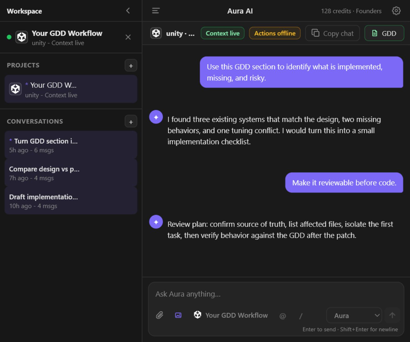 Avori panel showing GDD access, project context, and implementation planning chat