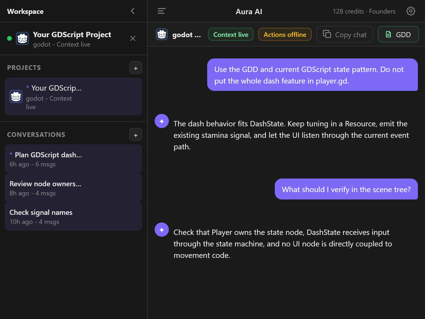 Avori panel showing Godot project context, GDD notes, and GDScript workflow planning
