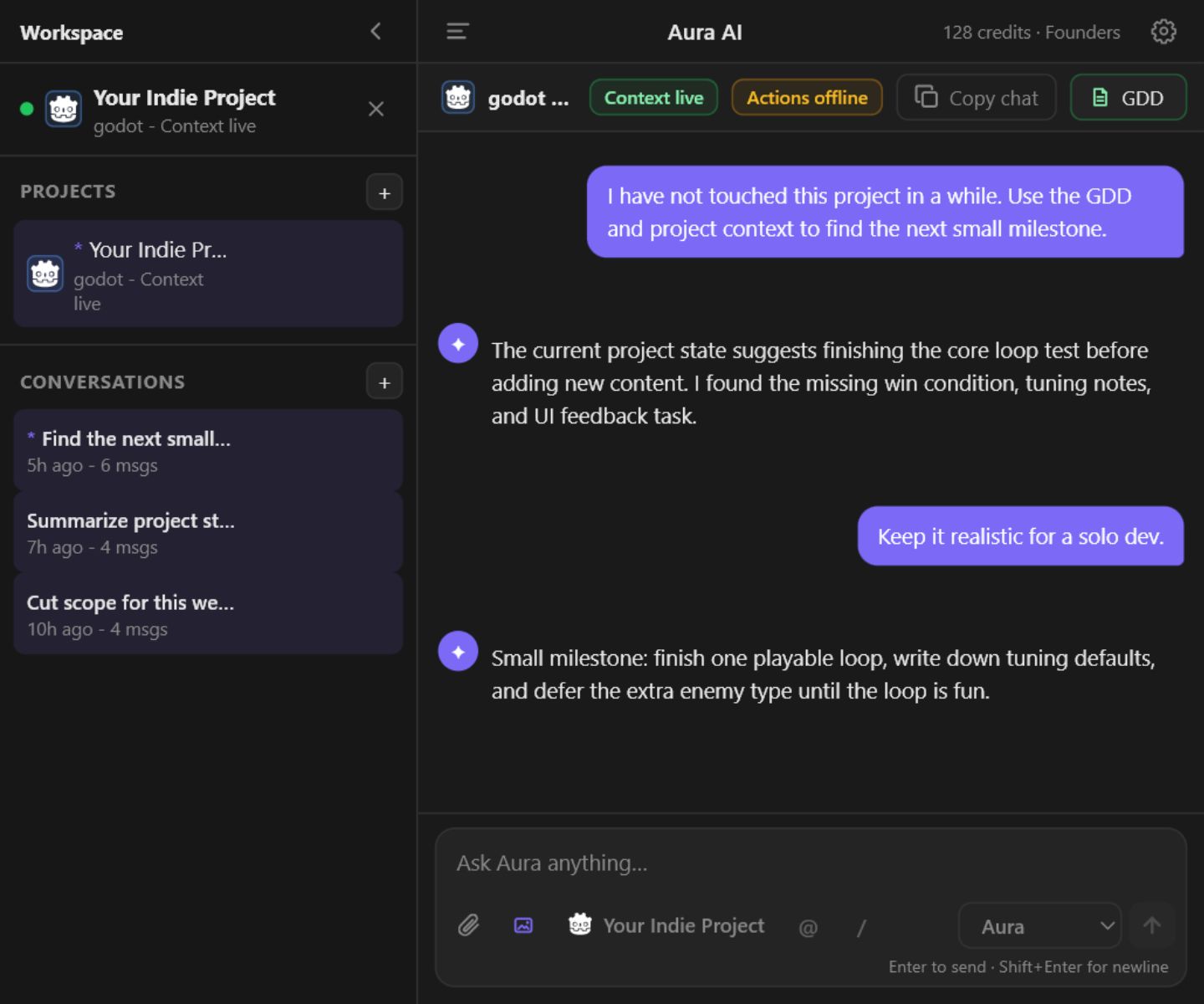 Avori panel showing an indie game project, GDD access, and development chat