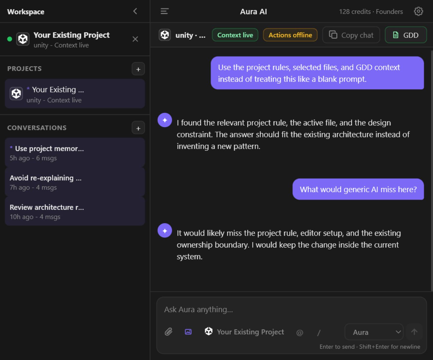 Avori panel showing project memory, GDD context, and a live Unity workflow