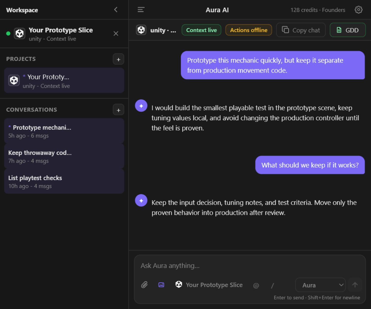 Avori panel showing a project-aware prototype workflow in a Unity project