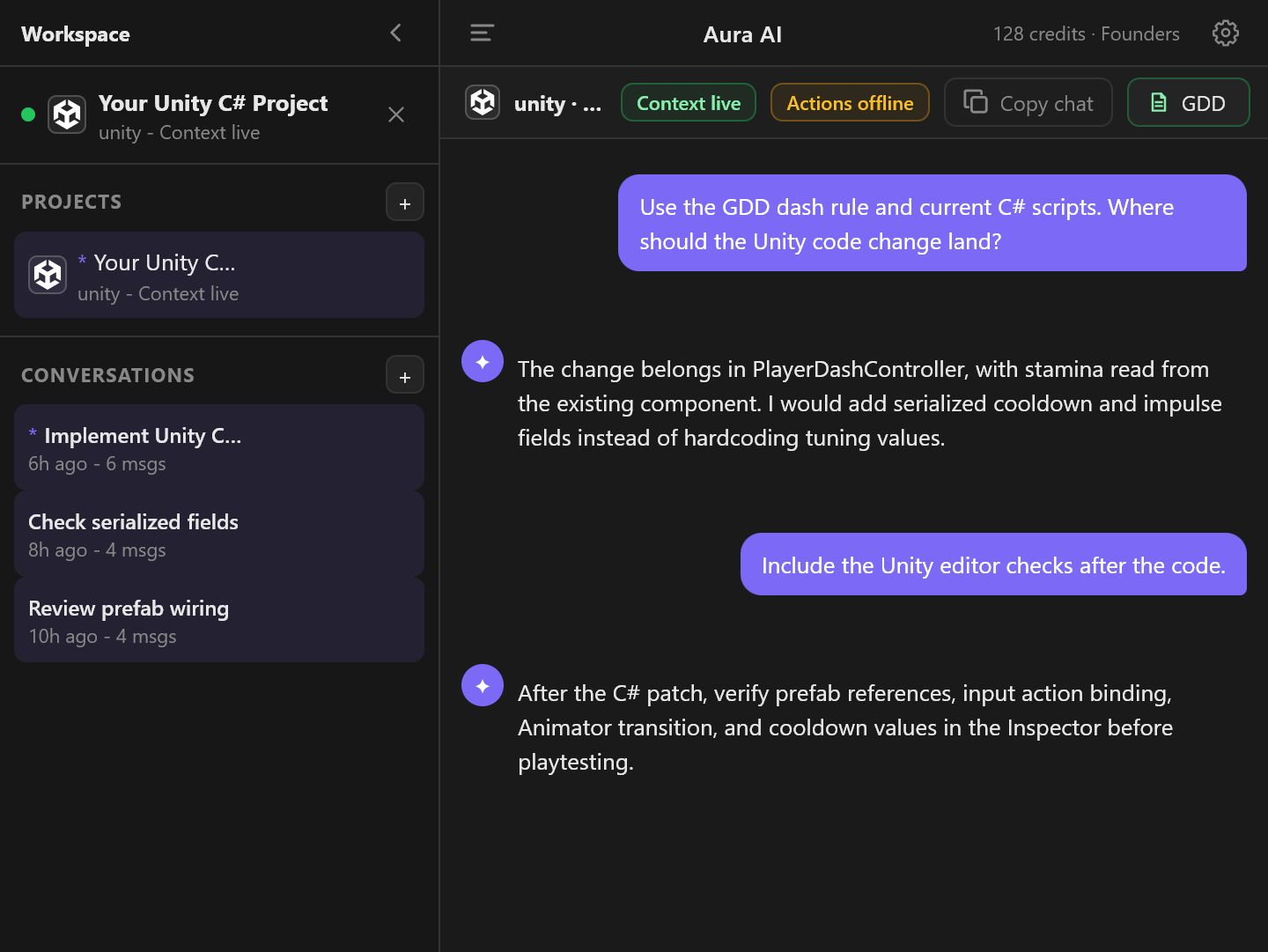 Avori panel showing Unity C# project context, GDD notes, and implementation planning