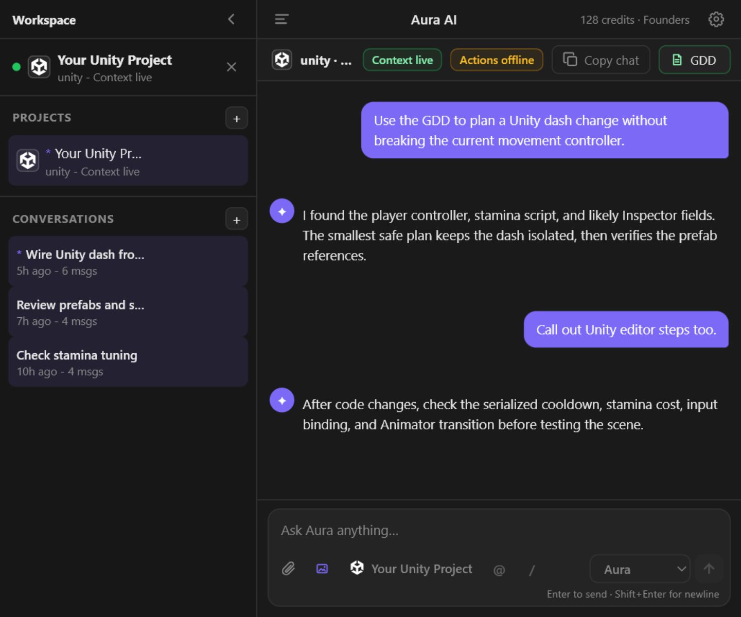 Avori panel showing a live Unity project, GDD access, and project-aware chat
