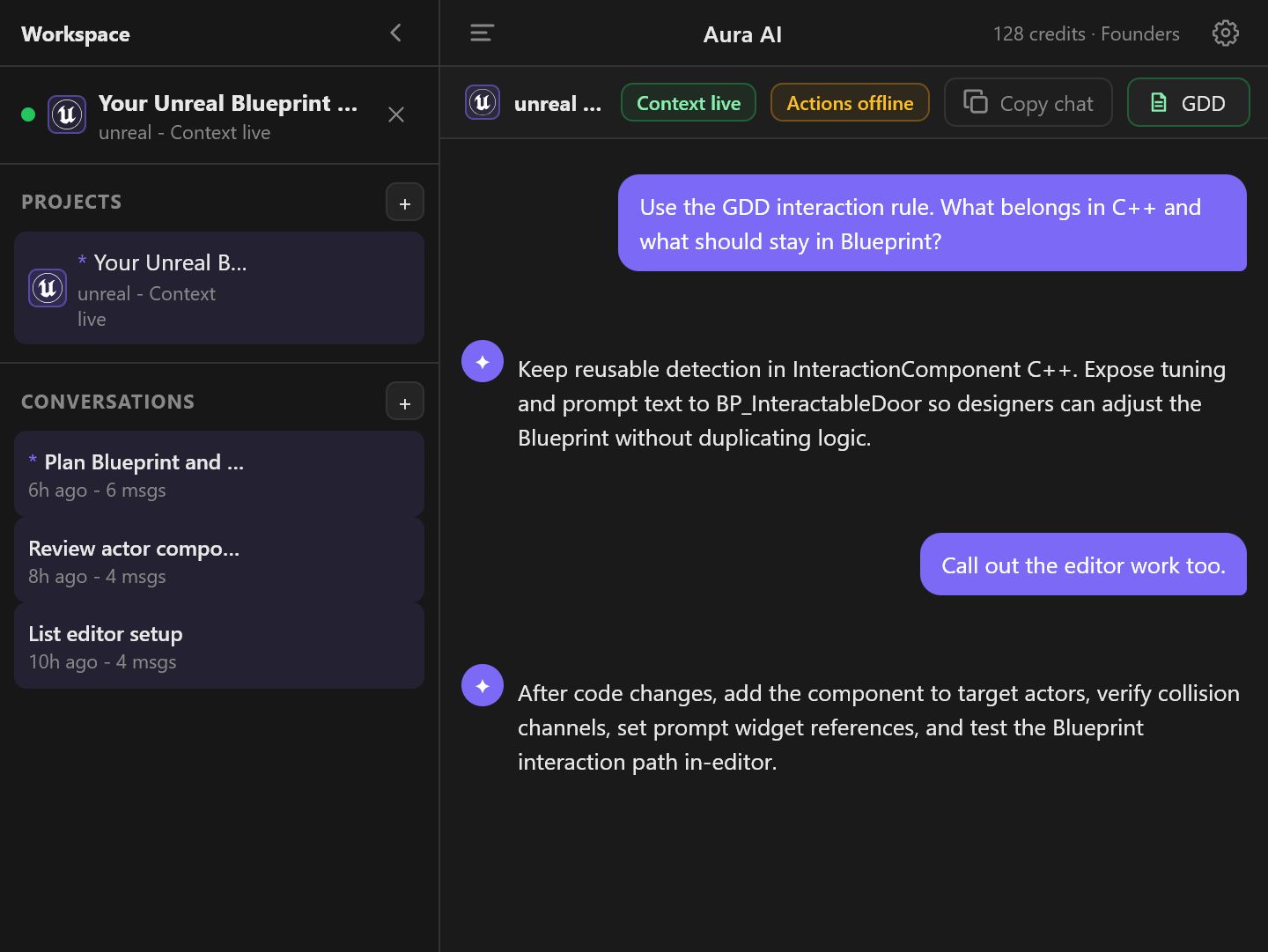 Avori panel showing Unreal project context, GDD notes, and gameplay workflow planning