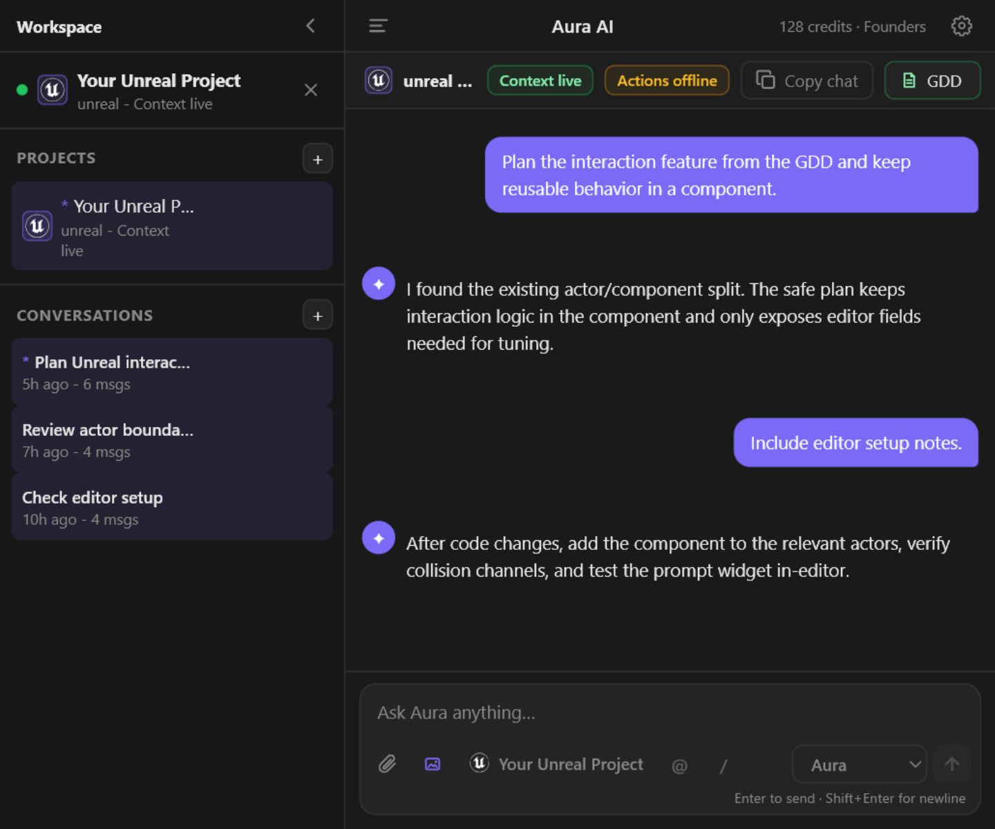 Avori panel showing project context, GDD access, and reviewable implementation chat