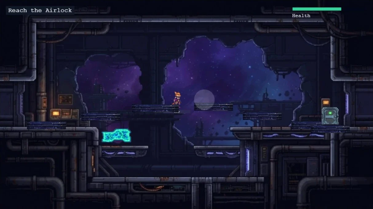 A 2D platformer made inside Avori: a fox hero with a blaster in a damaged space station, with a Reach the Airlock objective and a health bar