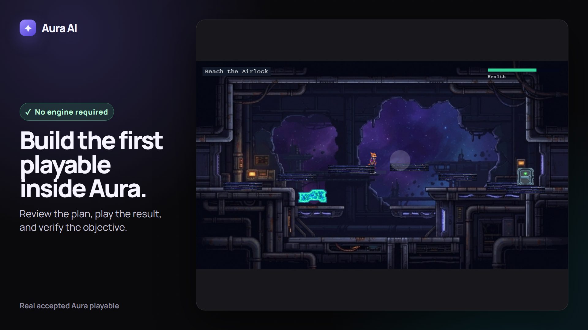 Avori's installed playable showing a humanoid fox moving through a layered space station and defeating a turret.