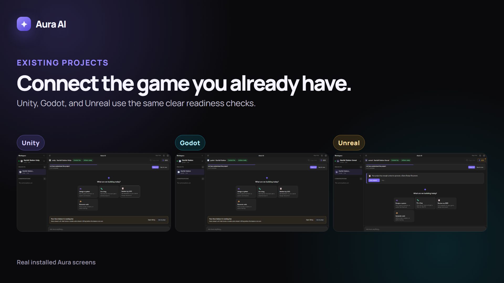 Real installed Avori screens showing connected Unity, Godot, and Unreal projects with Context live and Actions ready.