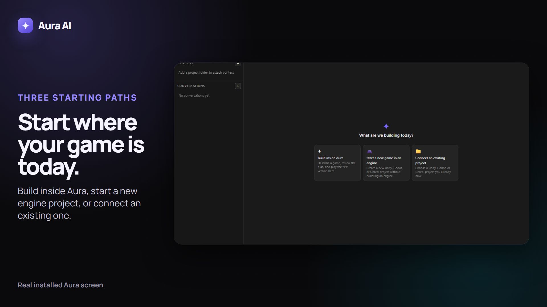 Avori's installed home screen showing Build inside Avori, Start a new game in an engine, and Connect an existing project.